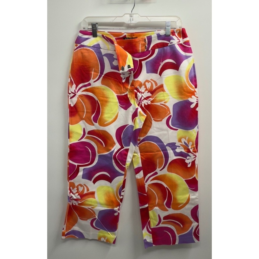New York & Company Floral Cropped Capri Pants Pink Orange Yellow Y2K Size 10